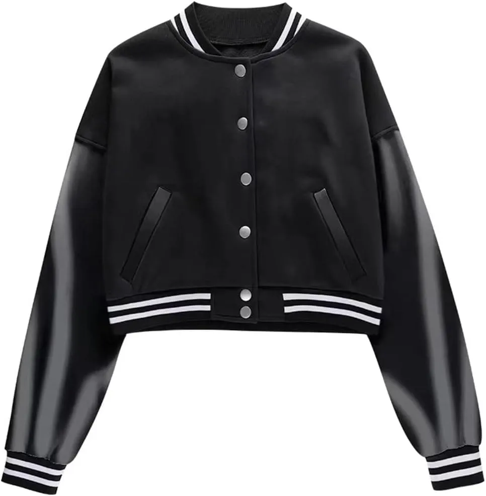 ACEFAST INC Womens Crop Varsity Jacket Letterman Baseball Jacket Bomber Vintage Y2k Streetwear Short Coat