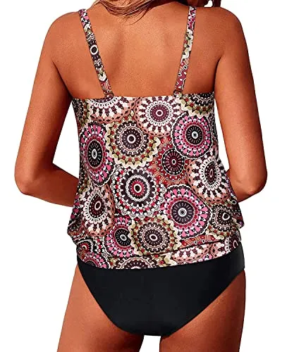 Adjustable Straps Loose Fit Swimsuits For Women 2 Piece Tankini-Brown Print