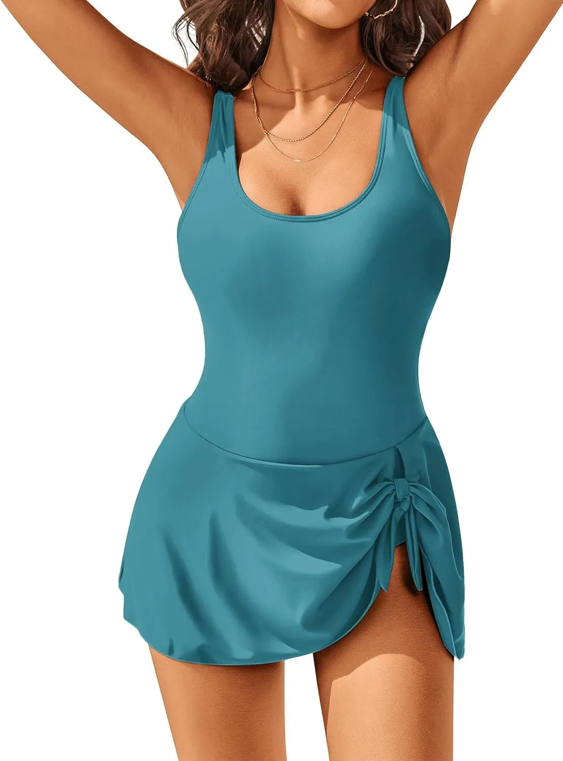 AI'MAGE Womens One Piece Swimdress Tummy Control Swimsuits Tie Knot Skirt Bathing Suit S-3XL