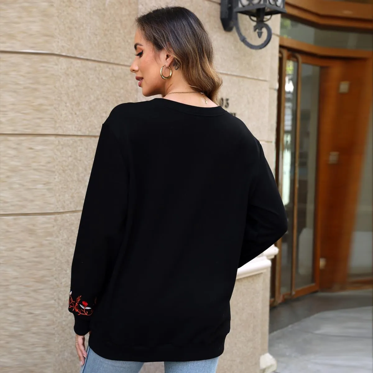 AK Womens Fall Sweatershirt Casual Outfits Floral Embroidered Fashion Hoodies Mexican Stylish Long Sleeve Sweaters
