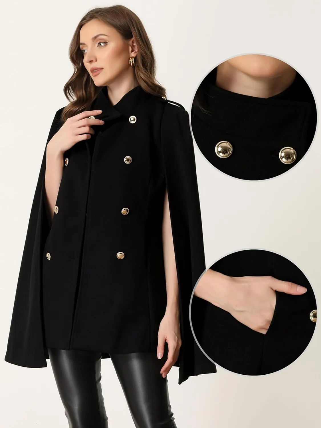 Allegra K Cape Coats for Women's Winter Slit Sleeve Double Breasted Cloak Coat