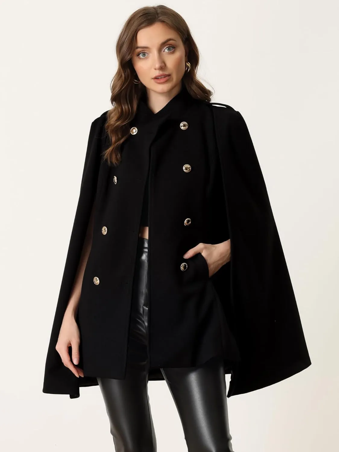 Allegra K Cape Coats for Women's Winter Slit Sleeve Double Breasted Cloak Coat