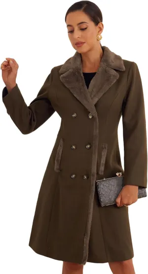 Allegra K Winter Coat for Women's Faux Fur Collar Double Breasted Long Warm Coats
