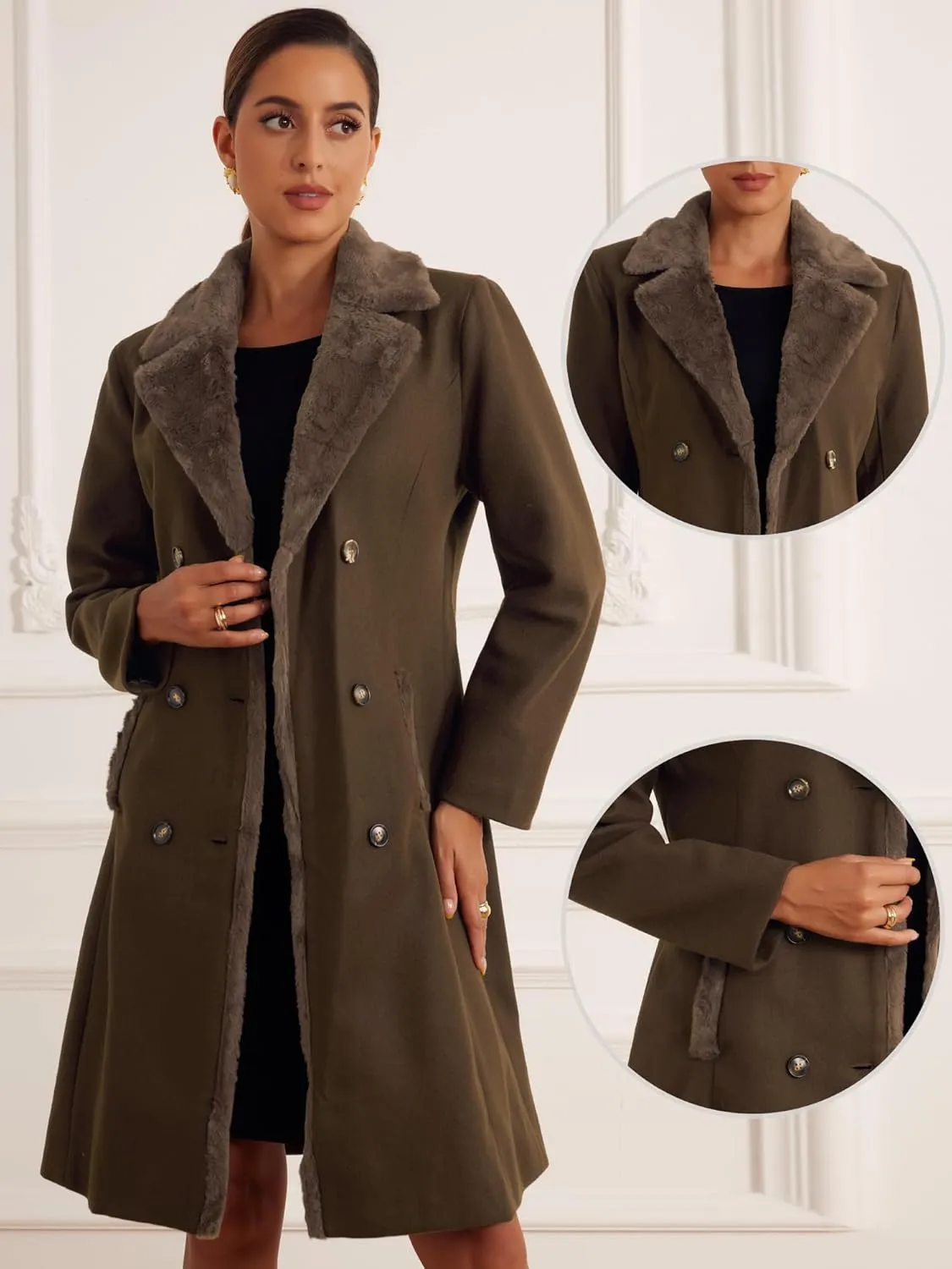 Allegra K Winter Coat for Women's Faux Fur Collar Double Breasted Long Warm Coats