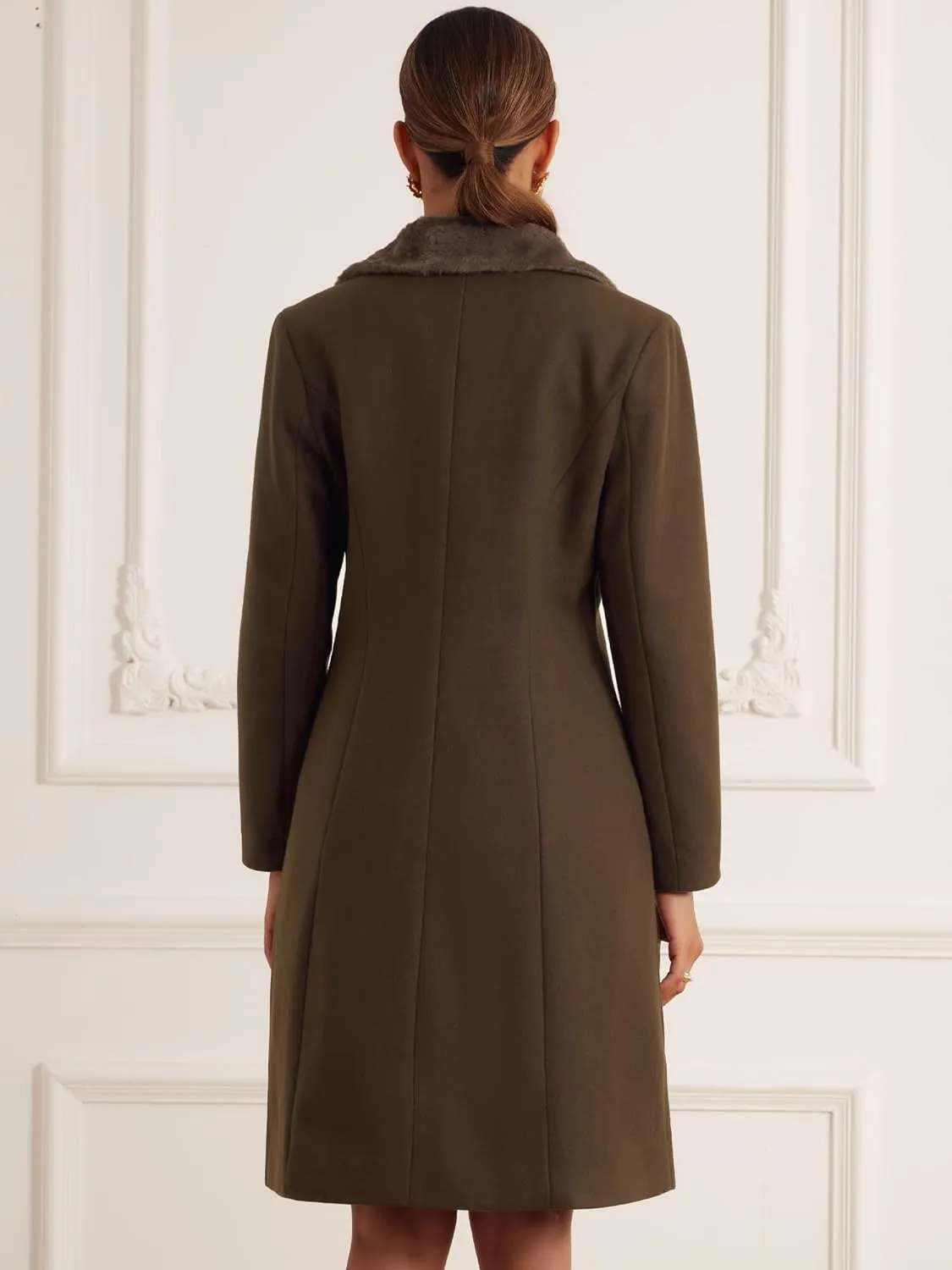 Allegra K Winter Coat for Women's Faux Fur Collar Double Breasted Long Warm Coats