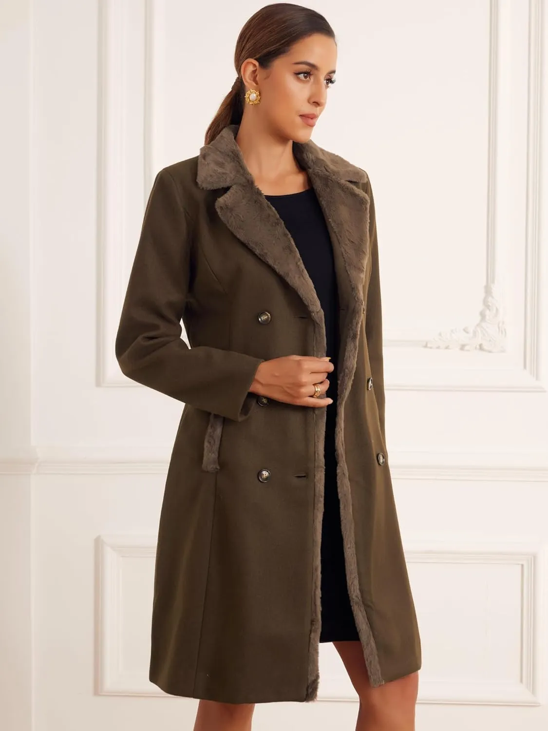 Allegra K Winter Coat for Women's Faux Fur Collar Double Breasted Long Warm Coats