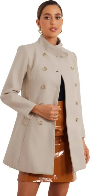 Allegra K Winter Trench Coats for Women's Casual Stand Collar Pea Double Breasted Overcoat