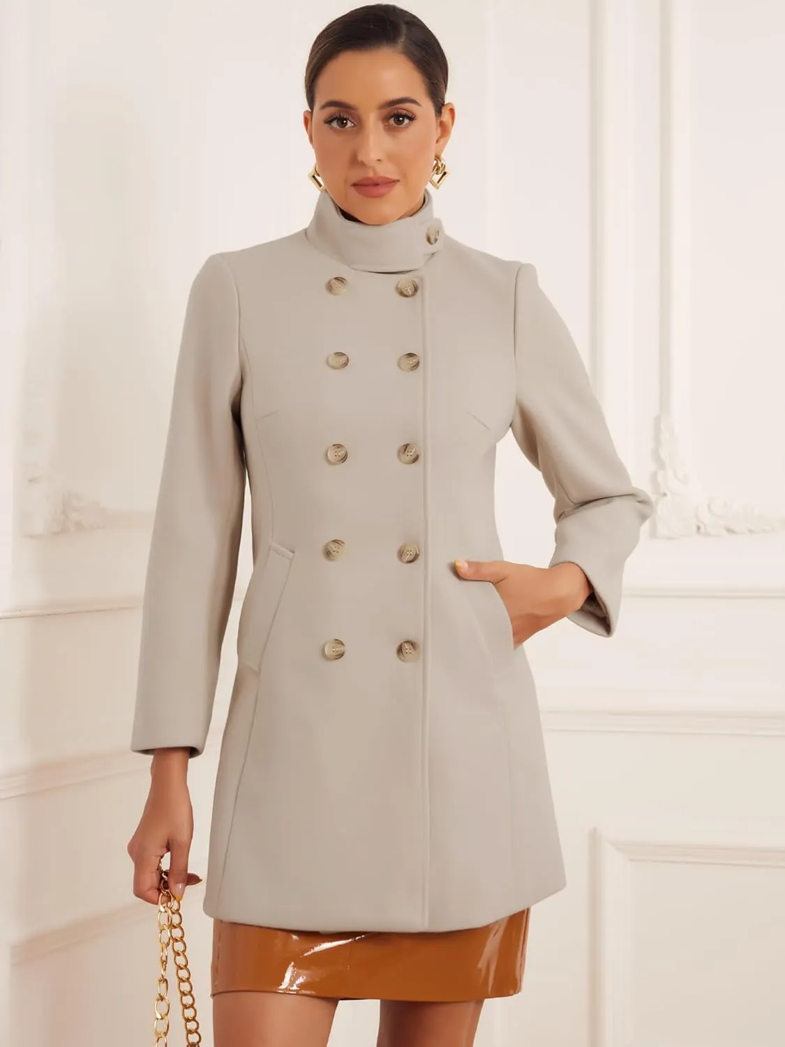 Allegra K Winter Trench Coats for Women's Casual Stand Collar Pea Double Breasted Overcoat