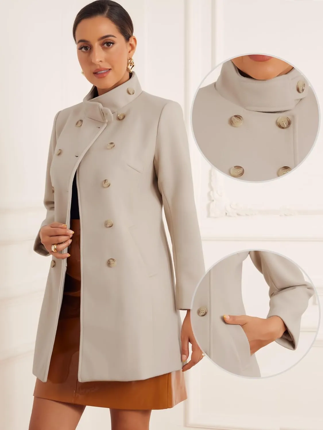 Allegra K Winter Trench Coats for Women's Casual Stand Collar Pea Double Breasted Overcoat