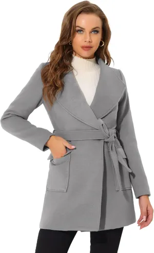 Allegra K Women's Winter Shawl Collar Long Sleeve Tie Belt Wrap Coats with Pockets