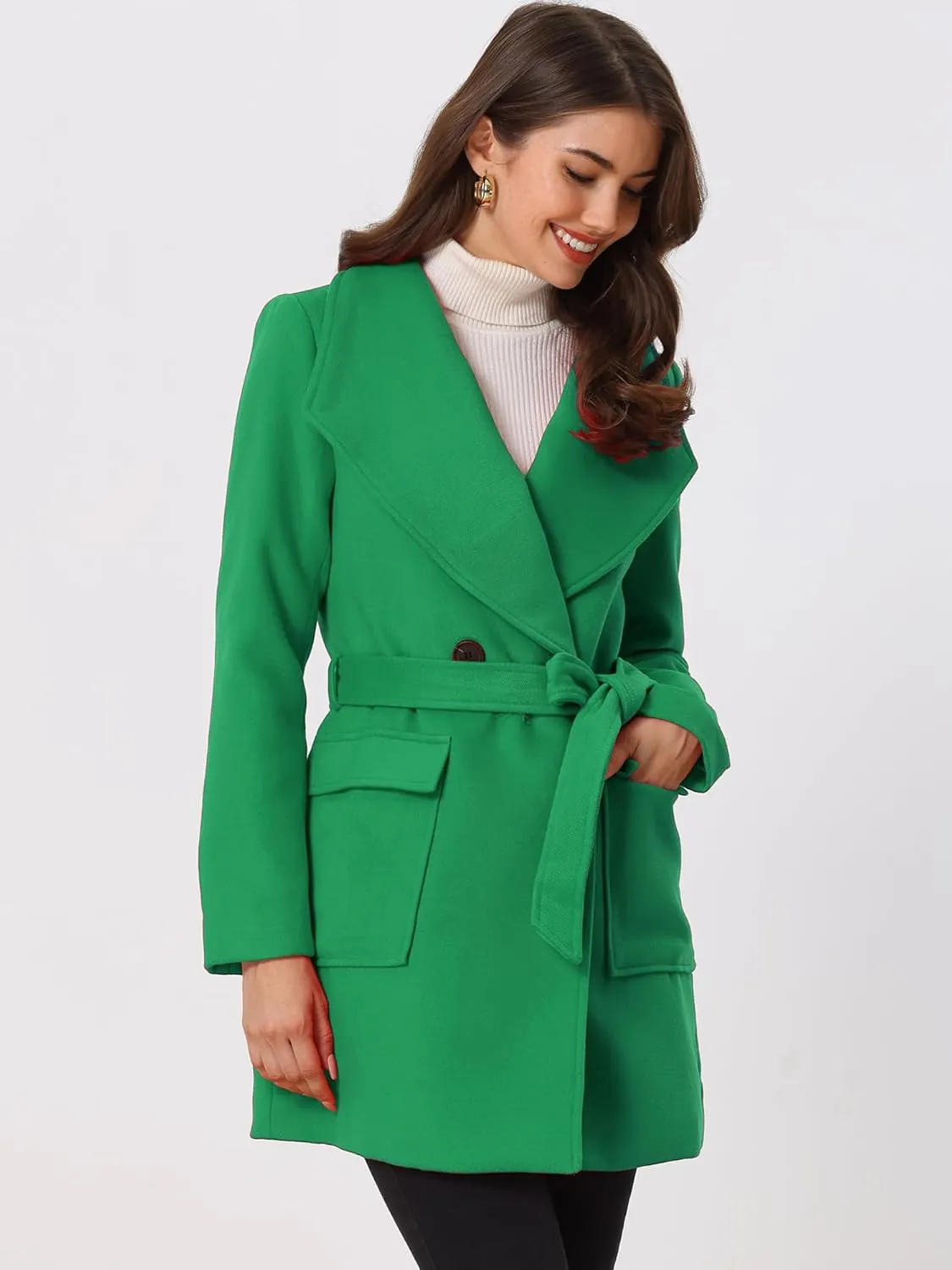 Allegra K Women's Winter Shawl Collar Long Sleeve Tie Belt Wrap Coats with Pockets