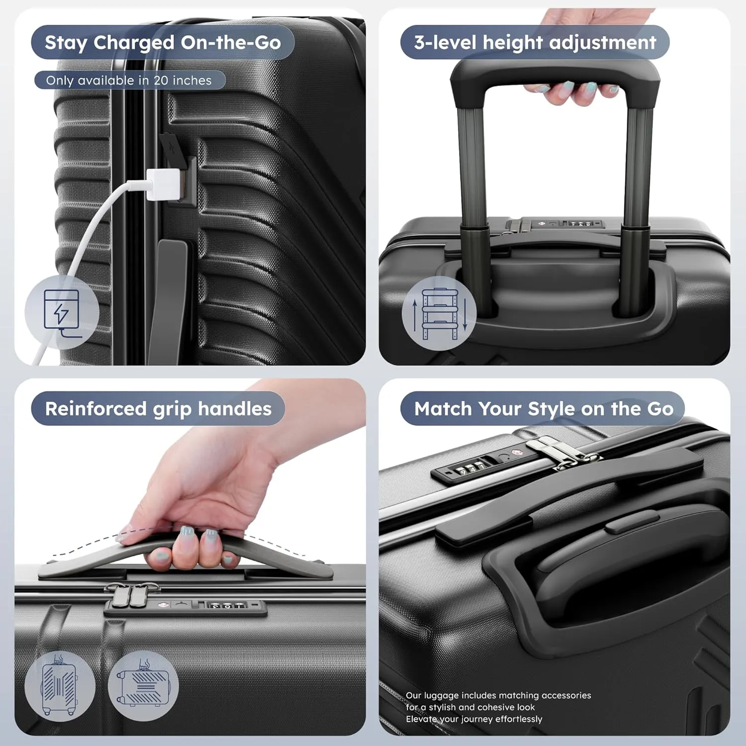 ALPHA CAMP 3 Piece Expandable Luggage Set - PC ABS Durable Hard Shell Suitcase with Spinner Wheels & TSA Lock,20-inch, 24-inch, 28-inch Luggage for Business,TravelBlack