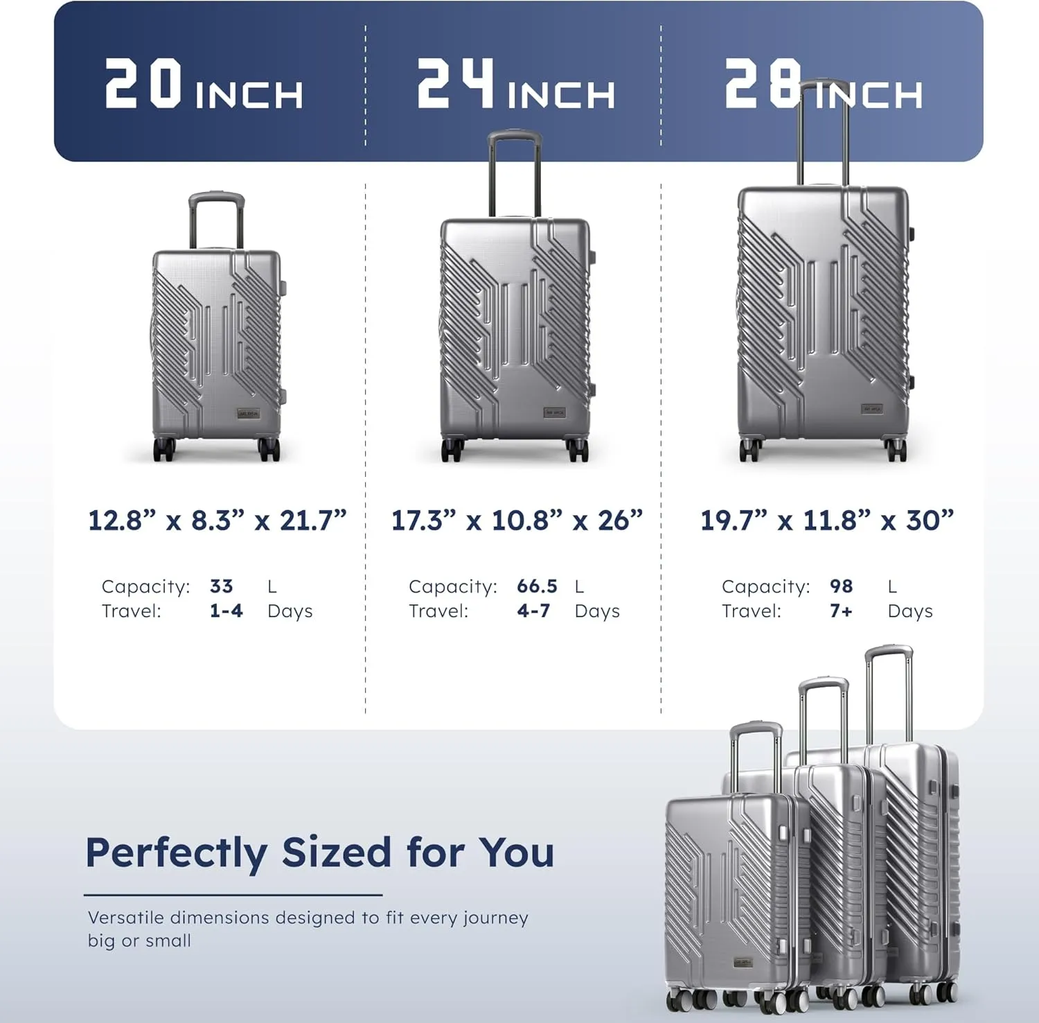 ALPHA CAMP 3 Piece Expandable Luggage Set - PC ABS Durable Hard Shell Suitcase with Spinner Wheels & TSA Lock,20-inch, 24-inch, 28-inch Luggage for Business,Travel,Silver