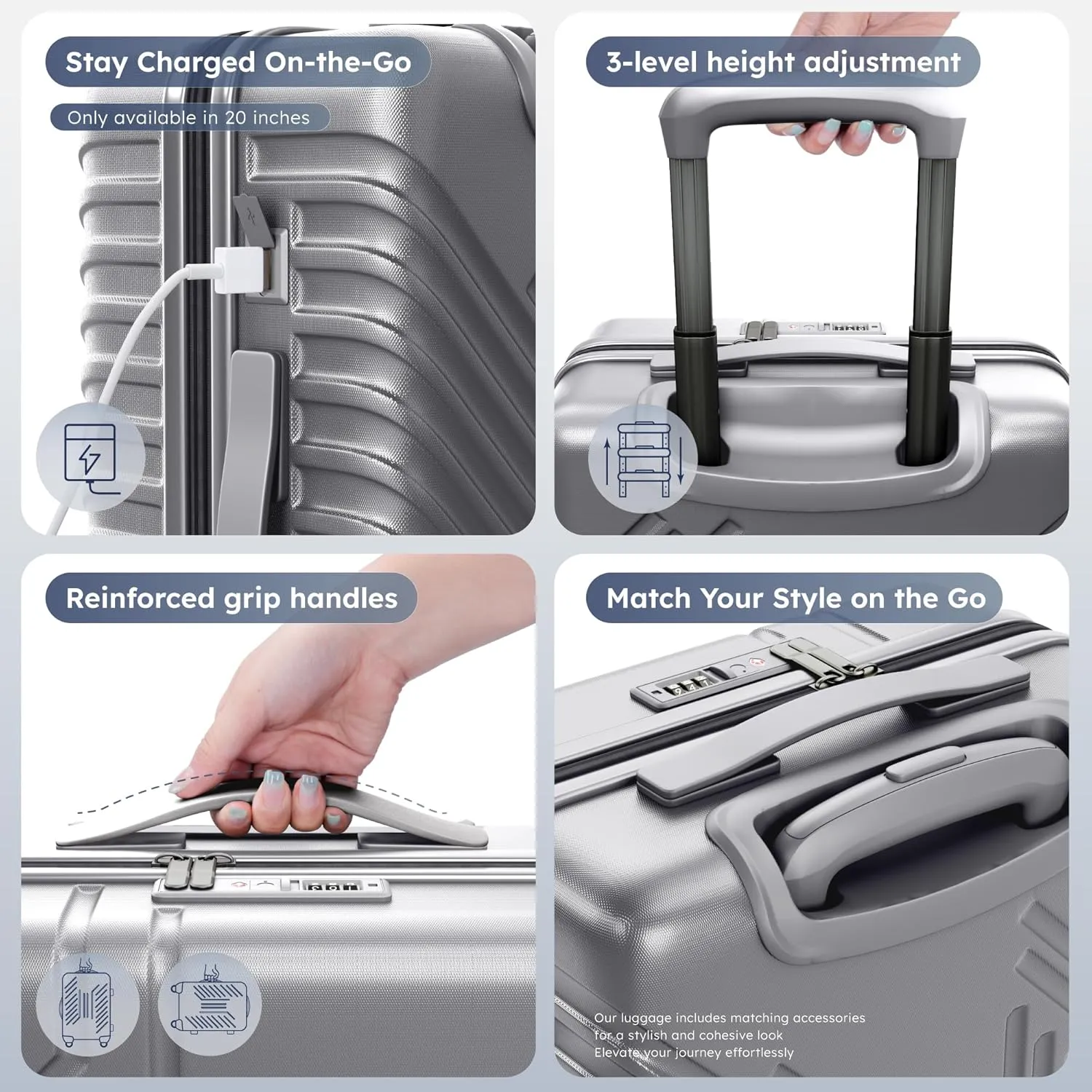 ALPHA CAMP 3 Piece Expandable Luggage Set - PC ABS Durable Hard Shell Suitcase with Spinner Wheels & TSA Lock,20-inch, 24-inch, 28-inch Luggage for Business,Travel,Silver