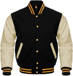 AMAZEE Bomber Baseball Varsity Letterman Jacket Leather Sleeves Wool Body Team Colors Option