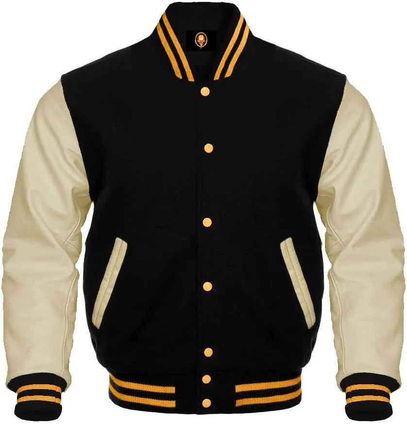 AMAZEE Bomber Baseball Varsity Letterman Jacket Leather Sleeves Wool Body Team Colors Option