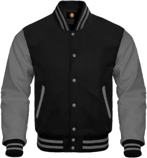 AMAZEE Bomber Baseball Varsity Letterman Jacket Leather Sleeves Wool Body Team Colors Option