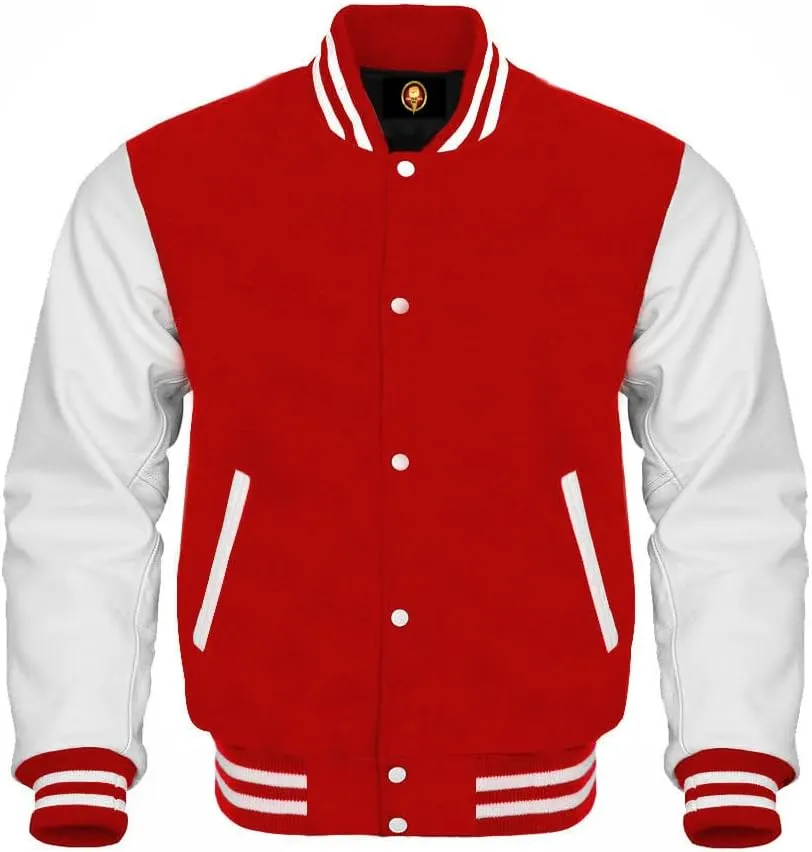 AMAZEE Bomber Baseball Varsity Letterman Jacket Leather Sleeves Wool Body Team Colors Option