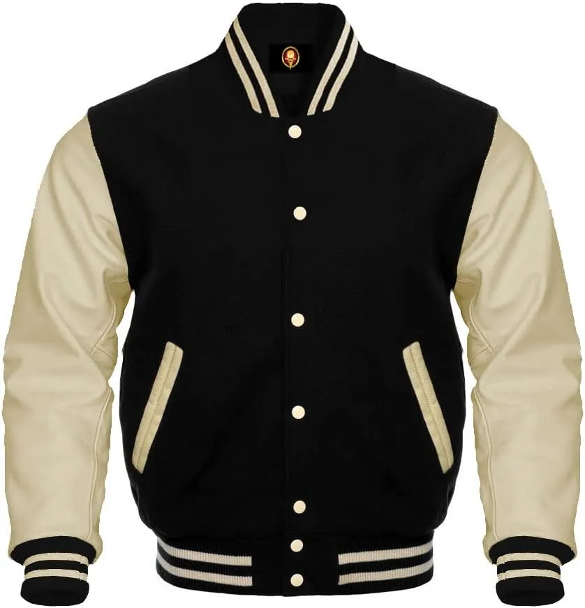 AMAZEE Bomber Baseball Varsity Letterman Jacket Leather Sleeves Wool Body Team Colors Option