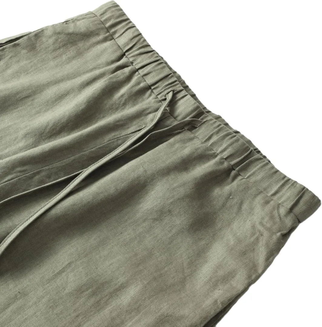 Amazhiyu Men's 100% Linen Summer Casual Elastic Drawstring Loose Pants Pockets