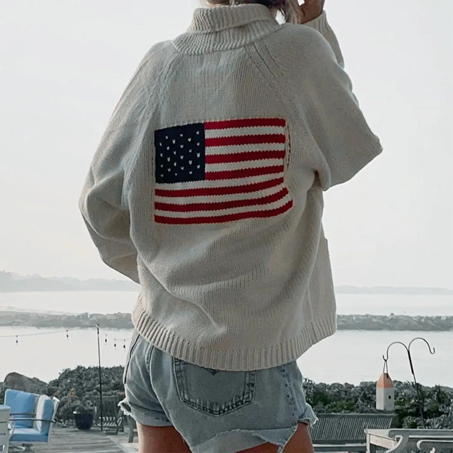 American Flag Knit Sweaters for Women Fourth of July Cardigan Sweater Casual Long Sleeve Button Down Knitted Top
