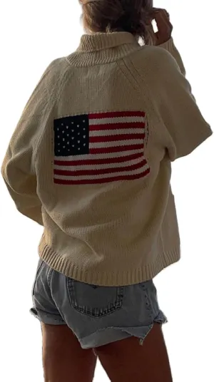 American Flag Knit Sweaters for Women Fourth of July Cardigan Sweater Casual Long Sleeve Button Down Knitted Top