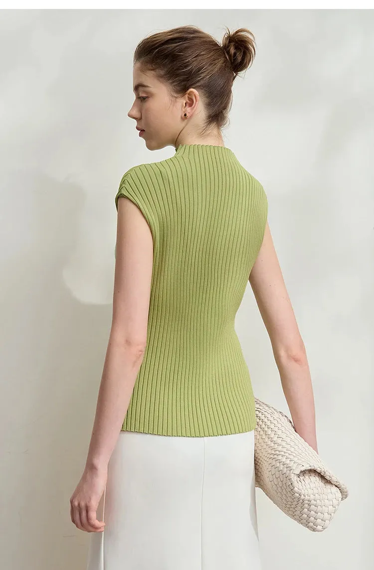 Amii Minimalist Knitted Sleeveless Semi-turtleneck Slim Top