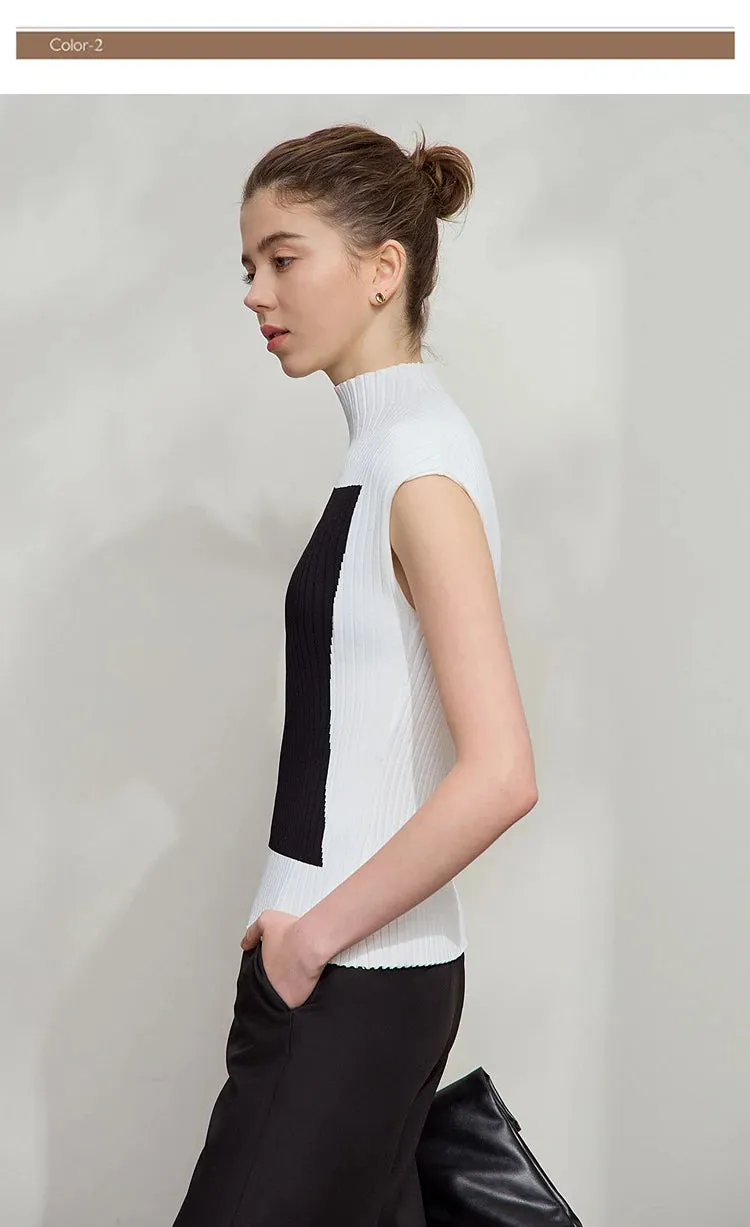 Amii Minimalist Knitted Sleeveless Semi-turtleneck Slim Top