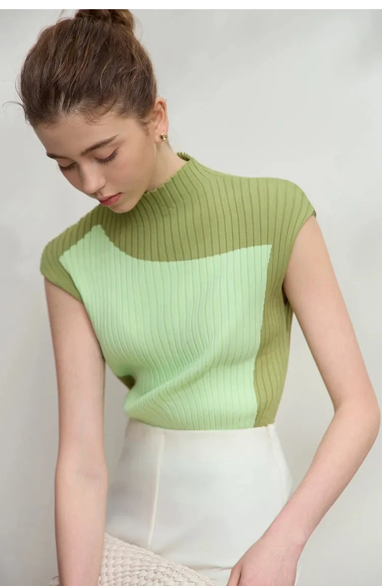 Amii Minimalist Knitted Sleeveless Semi-turtleneck Slim Top