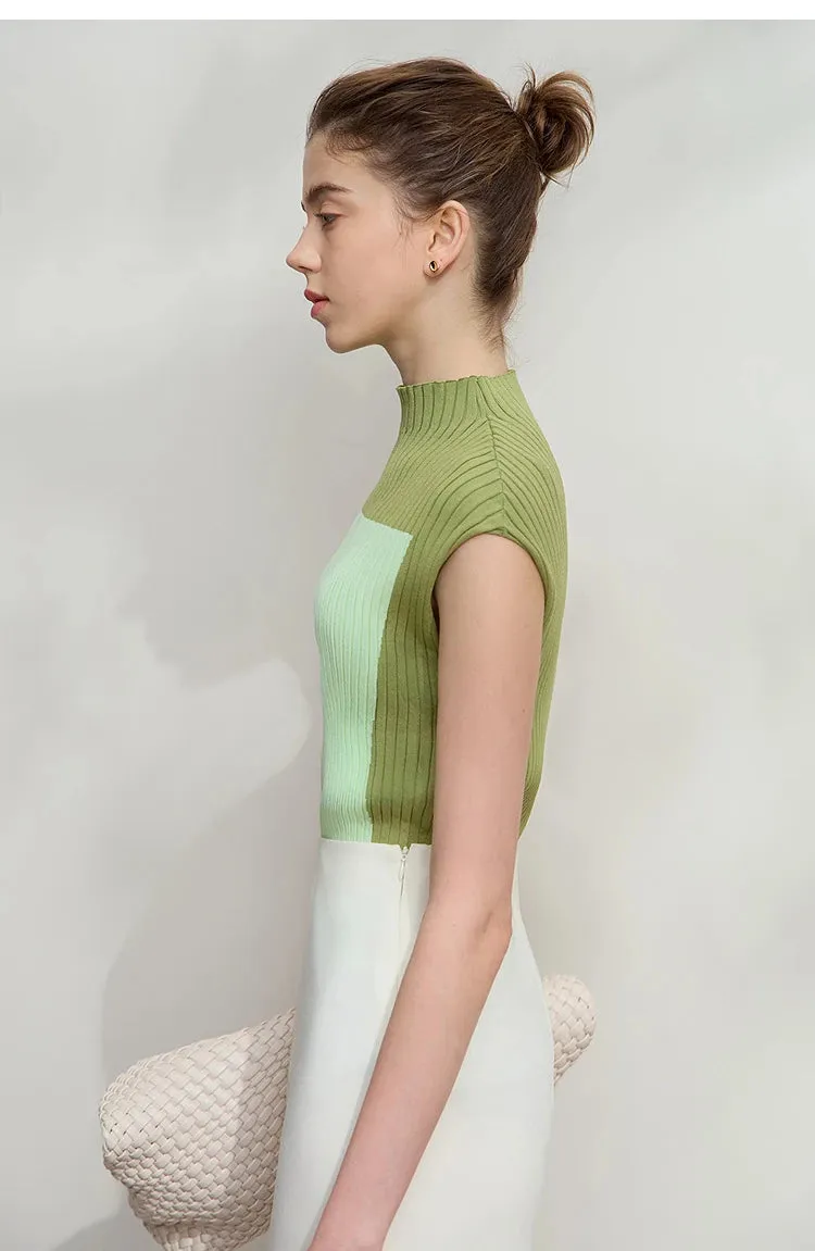 Amii Minimalist Knitted Sleeveless Semi-turtleneck Slim Top