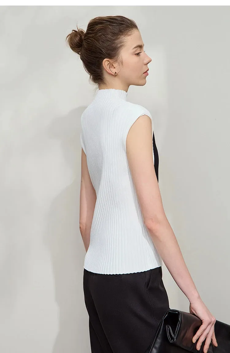 Amii Minimalist Knitted Sleeveless Semi-turtleneck Slim Top