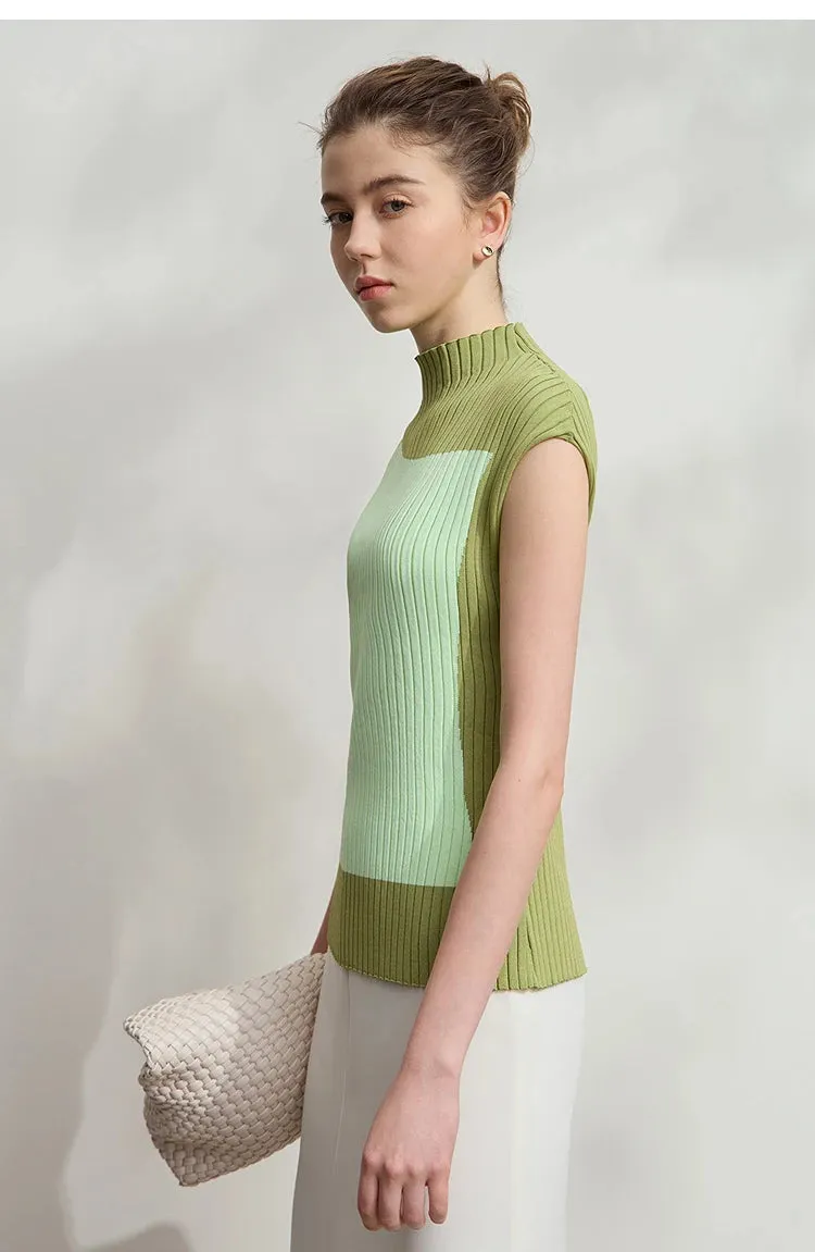 Amii Minimalist Knitted Sleeveless Semi-turtleneck Slim Top