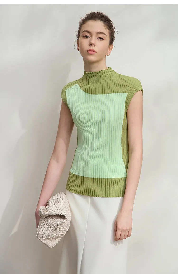 Amii Minimalist Knitted Sleeveless Semi-turtleneck Slim Top