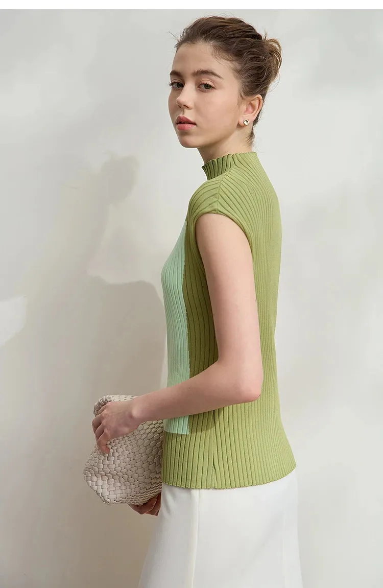 Amii Minimalist Knitted Sleeveless Semi-turtleneck Slim Top