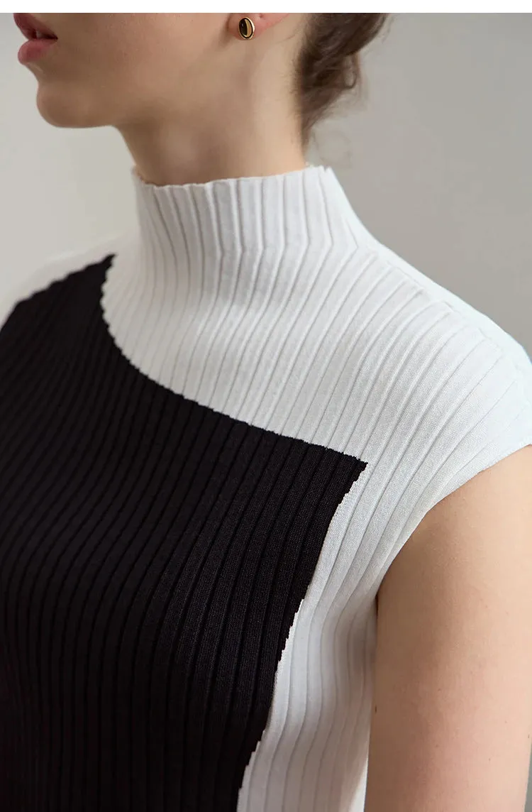 Amii Minimalist Knitted Sleeveless Semi-turtleneck Slim Top