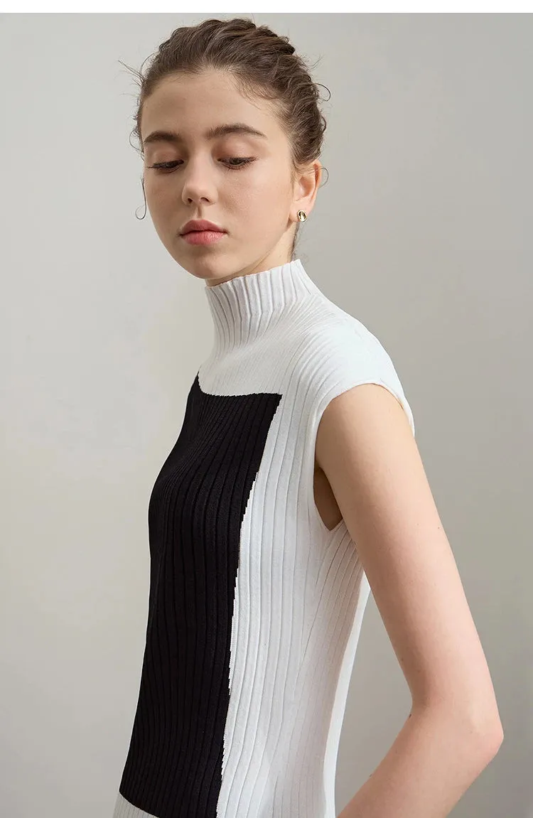 Amii Minimalist Knitted Sleeveless Semi-turtleneck Slim Top