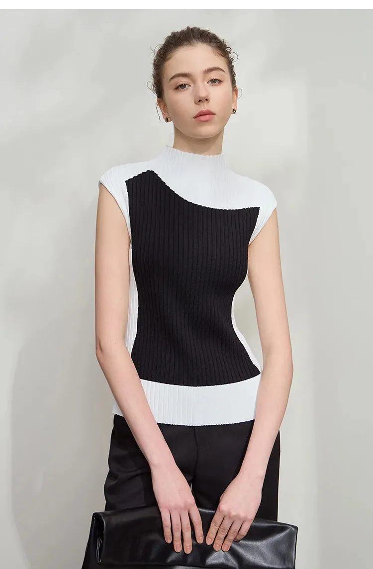 Amii Minimalist Knitted Sleeveless Semi-turtleneck Slim Top