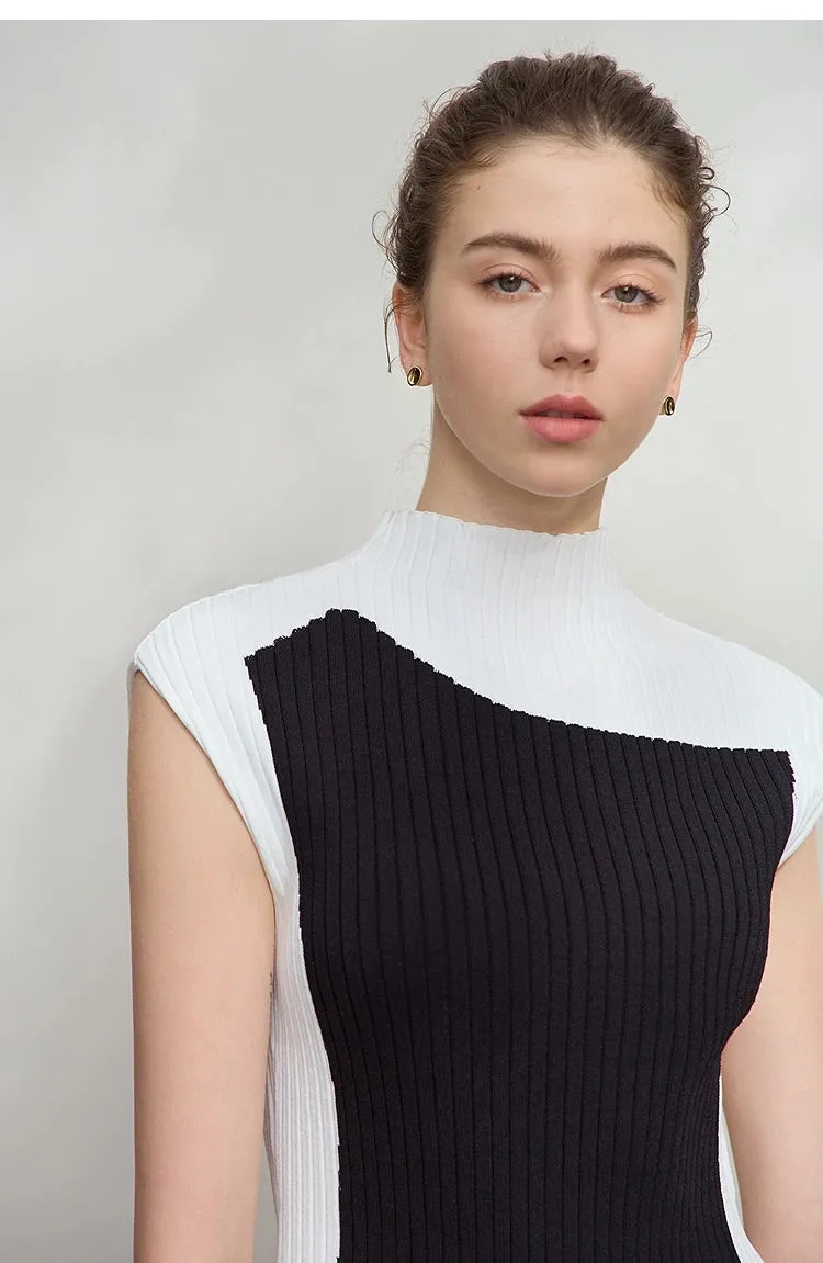 Amii Minimalist Knitted Sleeveless Semi-turtleneck Slim Top