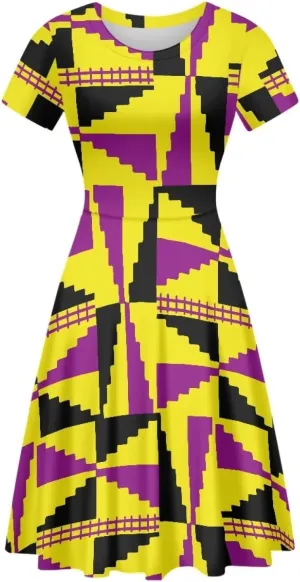 AmzPrint Kente African Ethnic Tribal Print Short Dress for Women Plus Size Colorful Bright Triangle Geometric Dress