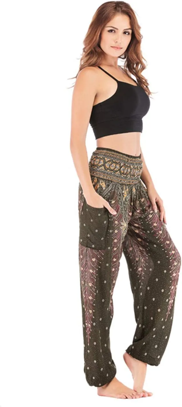 Andongnywell Harem Yoga Pants for Women Hippie Boho Lounge Beach Pant Smocked Waist Boho Harem Trousers Palazzo Baggy