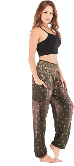 Andongnywell Harem Yoga Pants for Women Hippie Boho Lounge Beach Pant Smocked Waist Boho Harem Trousers Palazzo Baggy