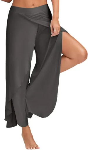 Andongnywell Women High Slit Flowy Layered Palazzo Pants High Slit Harem Pants High Waisted Workout Split Joggers