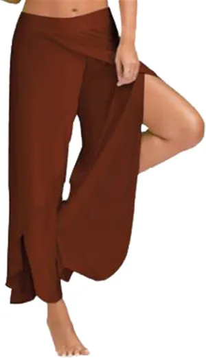 Andongnywell Women High Slit Flowy Layered Palazzo Pants High Slit Harem Pants High Waisted Workout Split Joggers