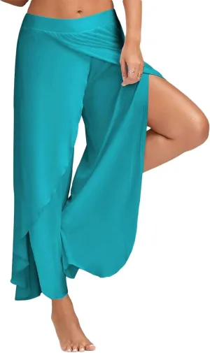 Andongnywell Women High Slit Flowy Layered Palazzo Pants High Slit Harem Pants High Waisted Workout Split Joggers