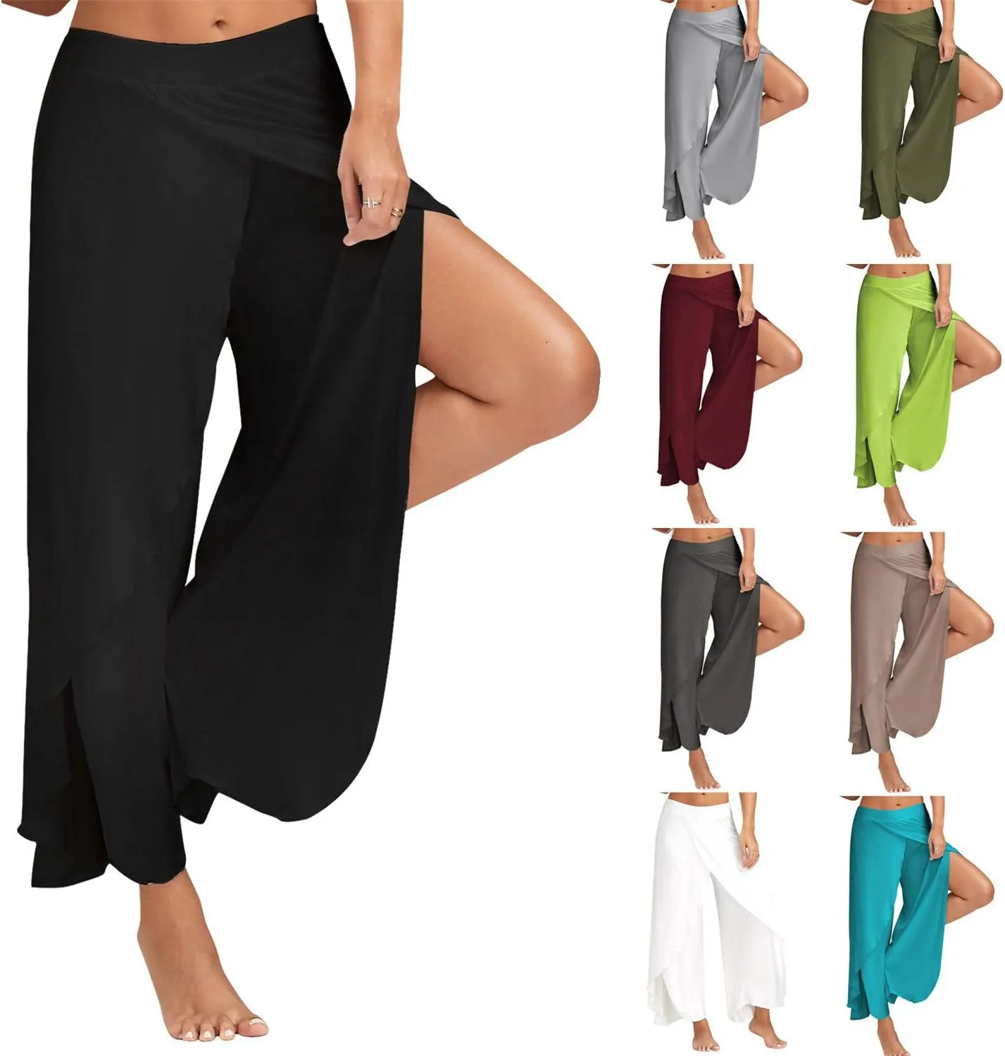 Andongnywell Women High Slit Flowy Layered Palazzo Pants High Slit Harem Pants High Waisted Workout Split Joggers