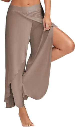 Andongnywell Women High Slit Flowy Layered Palazzo Pants High Slit Harem Pants High Waisted Workout Split Joggers