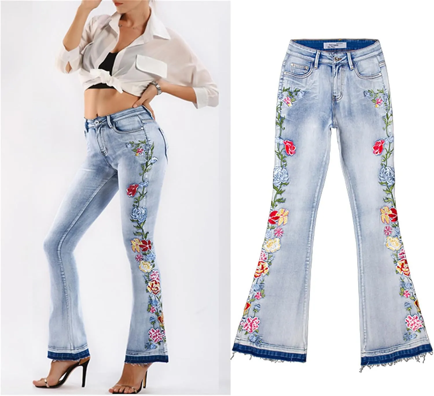 Andongnywell Women's Embroidered High Waist Skinny Fit Cropped Denim Pants Embroidery Jeans Trousers