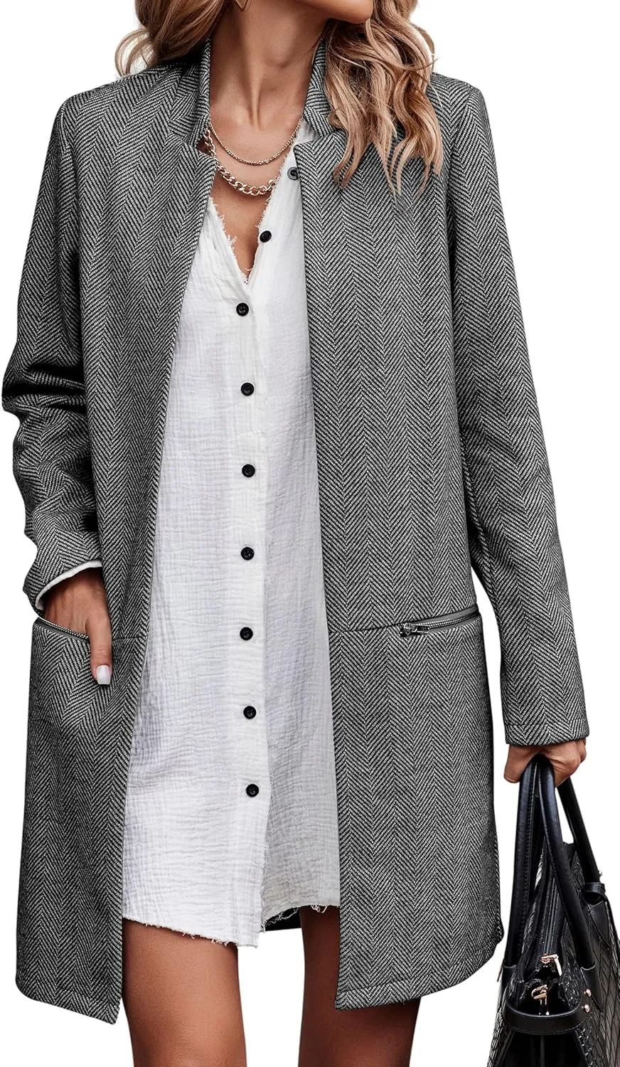 Angashion Womens Coat, Long Sleeve Stand Collar Cardigan Mid-Long Open Front Outwear Overcoat with Zipper Pockets