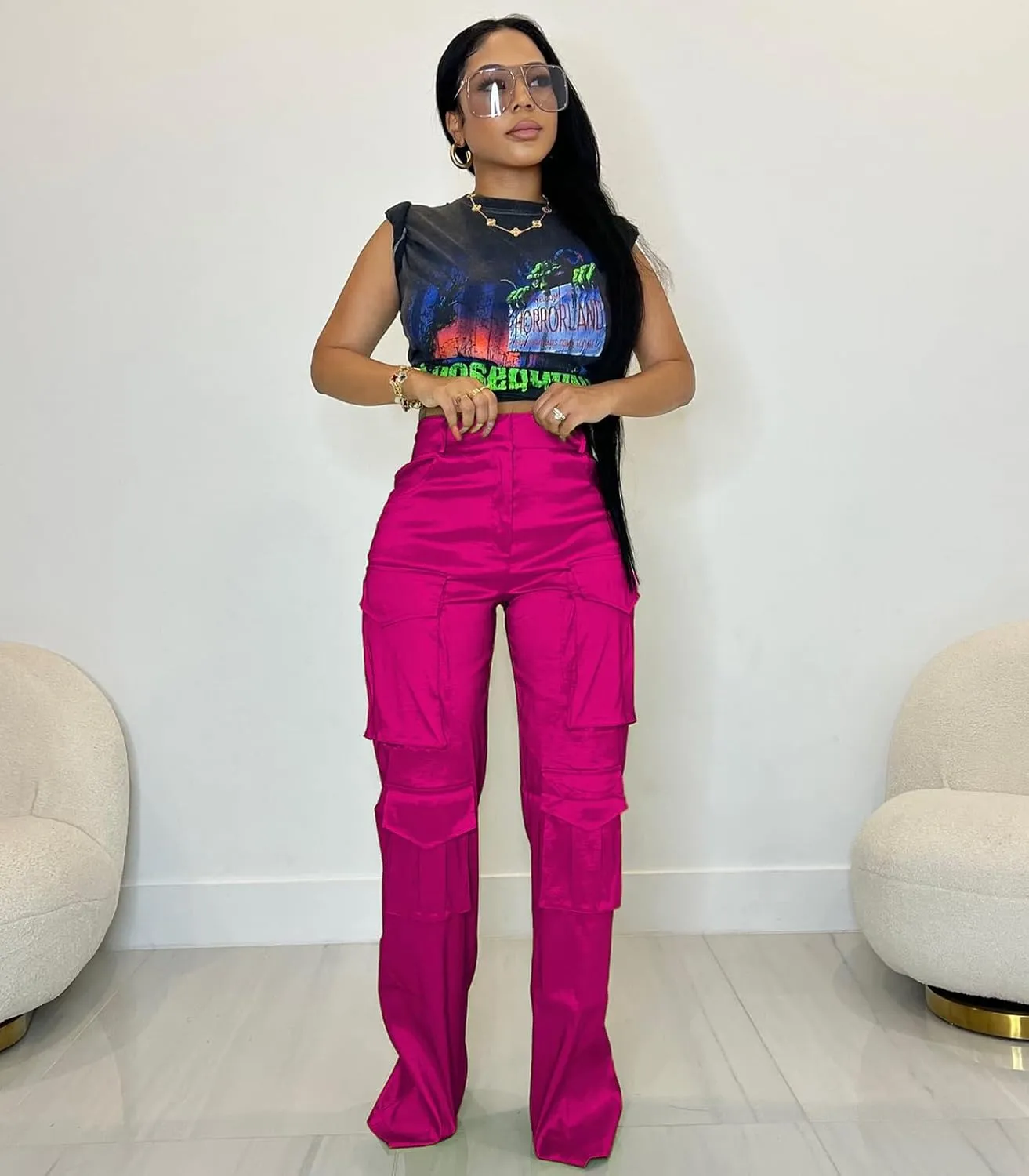 Angsuttc Cargo Pants Women High Waist Y2k Trendy Straight Leg Pants with Pockets