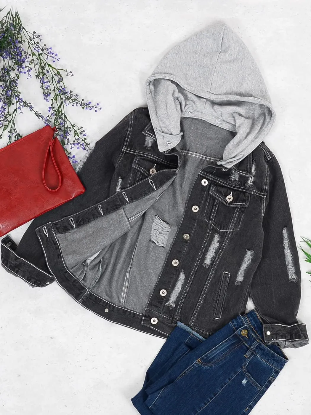 Anna-Kaci Women's Casual Loose Boyfriend Ripped Distressed Detachable Hoodie Denim Jacket Jean Coats